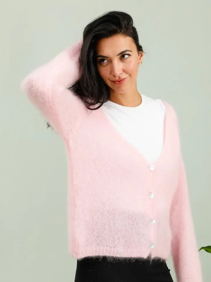 V-Neck Cardigan with Long Sleeves in 80&% Kid Mohair