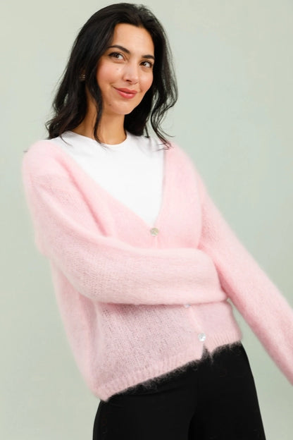 V-Neck Cardigan with Long Sleeves in 80&% Kid Mohair