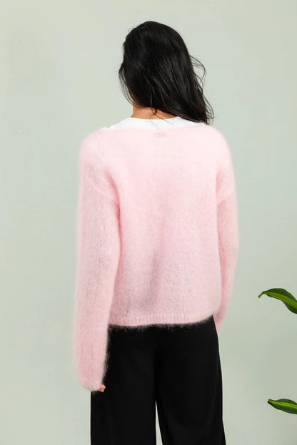 V-Neck Cardigan with Long Sleeves in 80&% Kid Mohair
