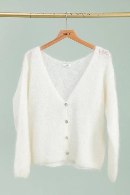 V-Neck Cardigan with Long Sleeves in 80&% Kid Mohair