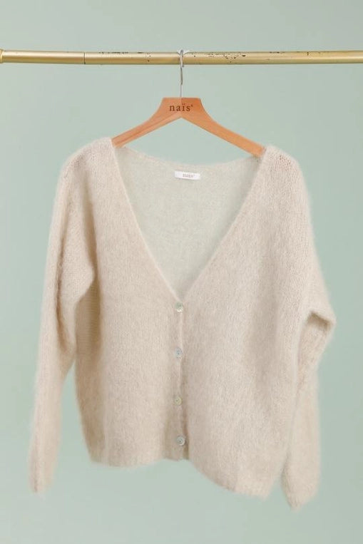 V-Neck Cardigan with Long Sleeves in 80&% Kid Mohair